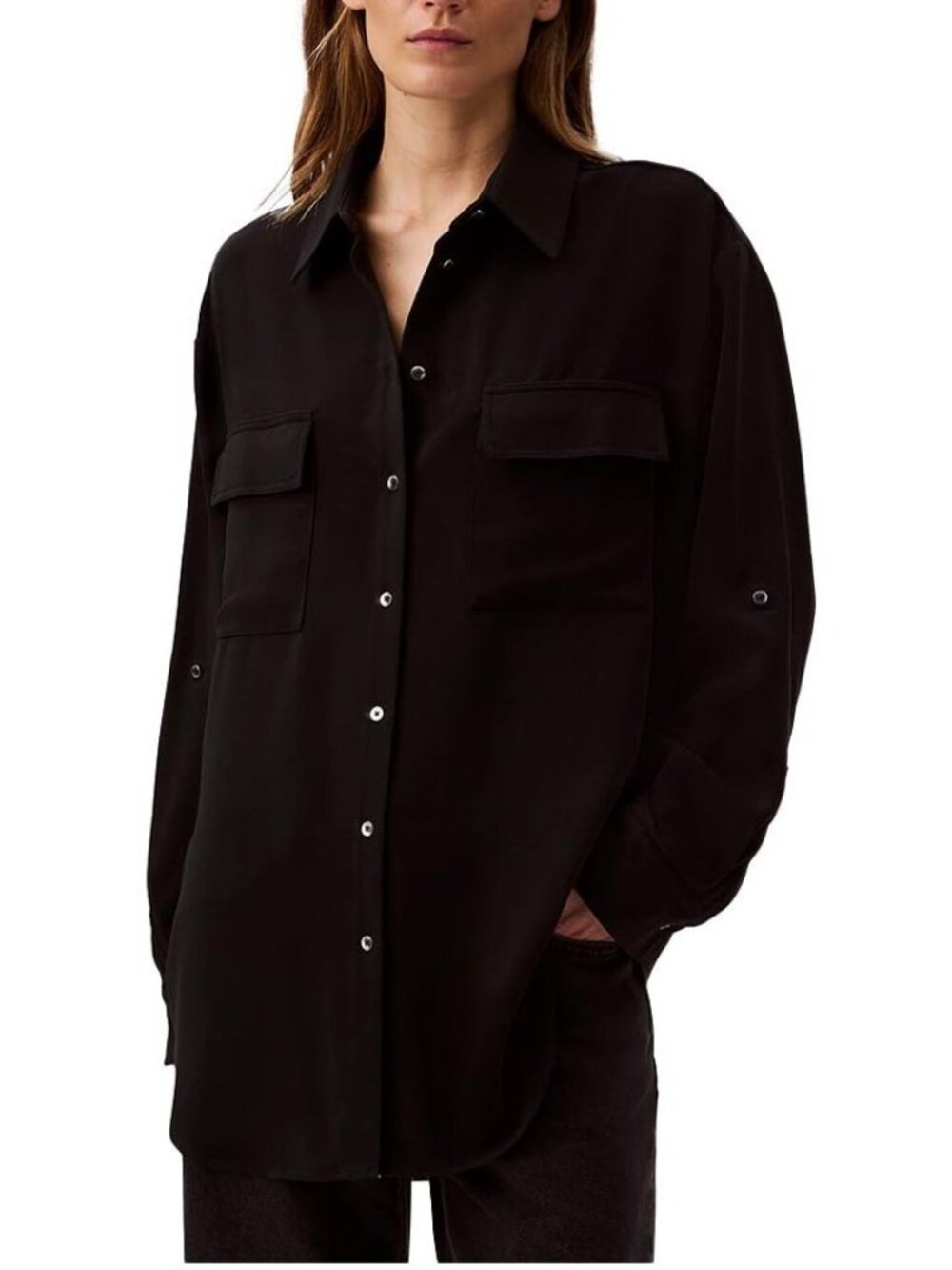 Calvin Klein Women's Size S Crepe Relaxed Fit Roll Tab Sleeve Black Shirt NEW